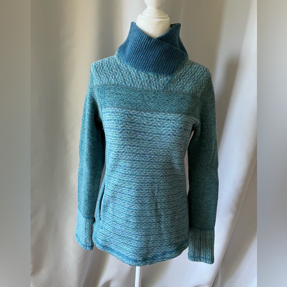 Prana Blue Cowl Neck Wool Blend Sweater with Ribbed Texture ~Womens Size Small